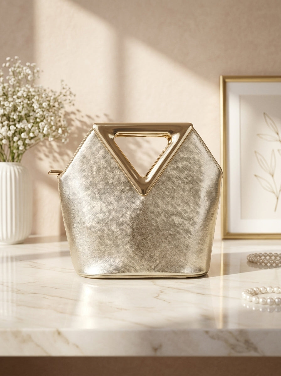 Gold-tone satin evening clutch with triangular cutout top handle
