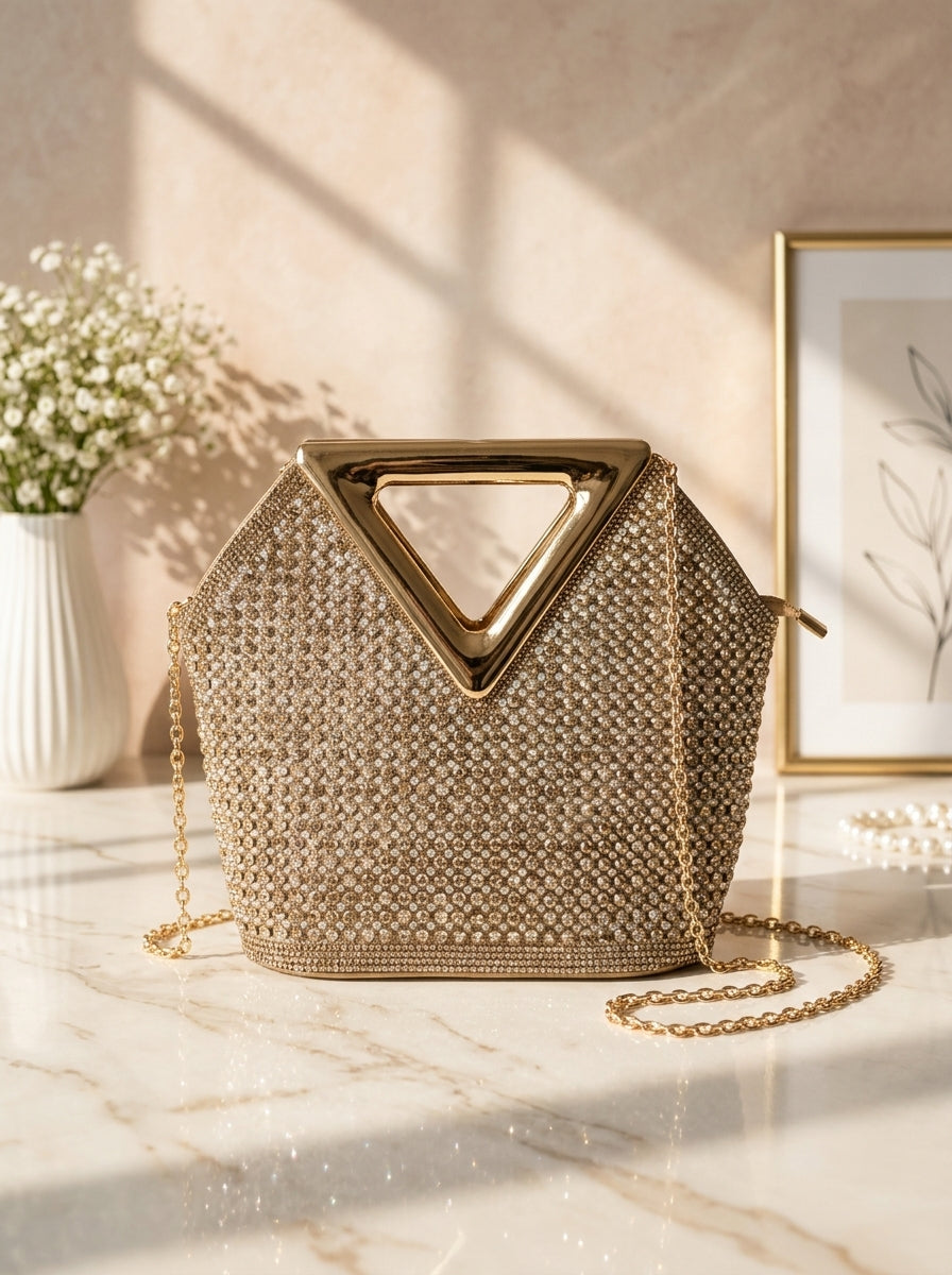 Gold-tone crystal mesh evening clutch with triangular cutout handle and chain strap