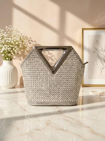 Silver-tone crystal mesh evening clutch with triangular cutout top handle