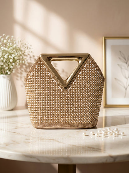 Gold-tone crystal mesh evening clutch with triangular cutout top handle
