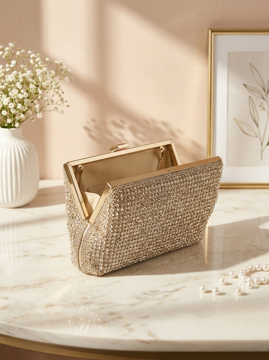 Gold-tone rhinestone evening clutch, hinged frame open with interior