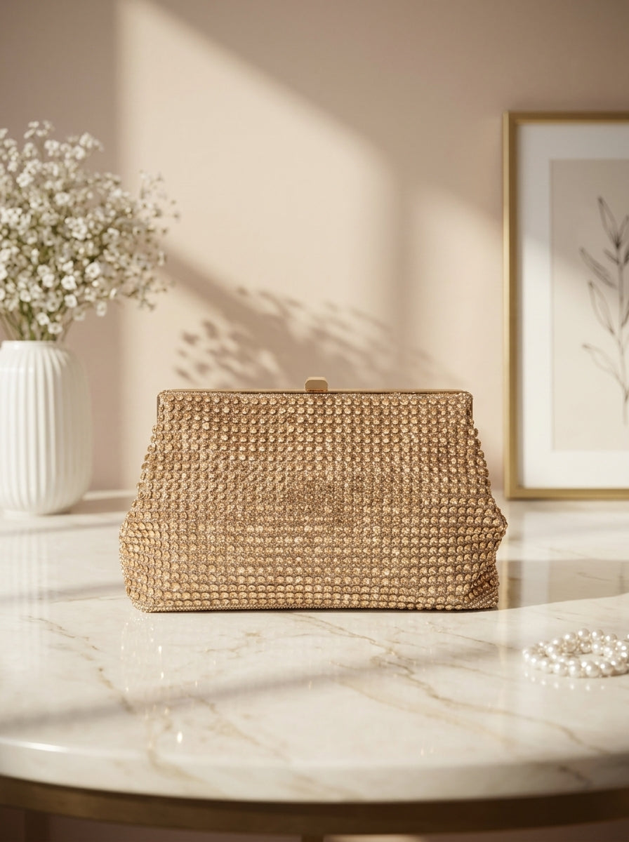 Gold pavé crystal evening clutch with structured rectangular shape and top clasp
