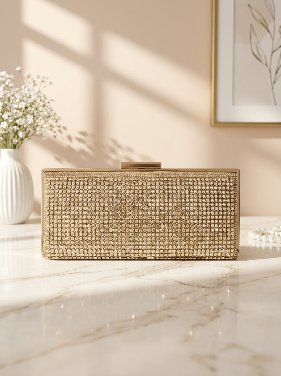 Crystal pavé evening clutch in champagne gold with rectangular hard shell design