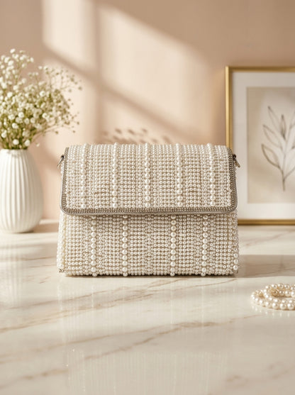 White rhinestone clutch set with chain strap, striped two-bag stack and flap closure