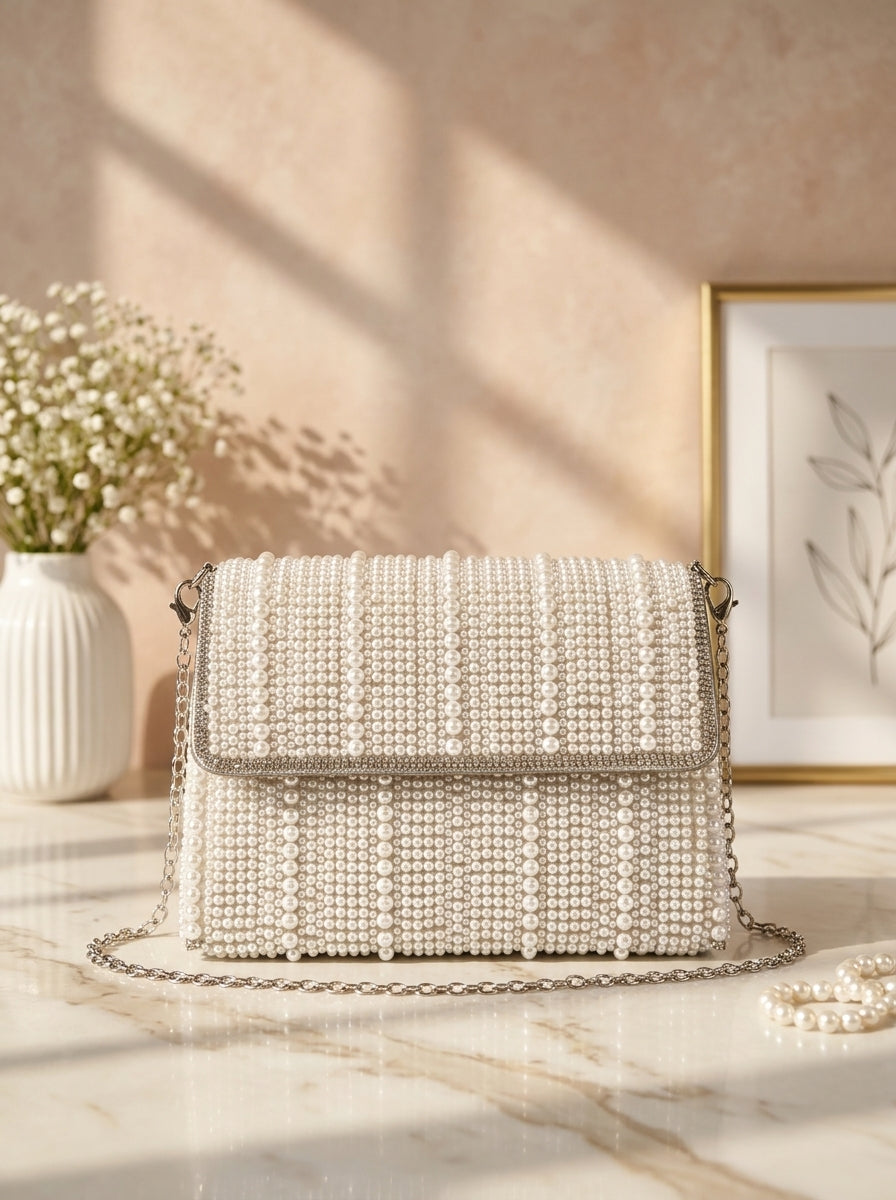 White rhinestone clutch set with chain strap, striped two-bag stack and top flap