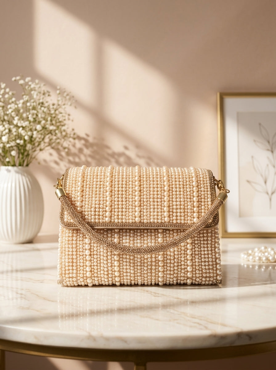 Champagne-gold rhinestone clutch set with chain strap, striped two-bag stack and flap