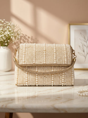 Champagne rhinestone clutch set with chain strap, striped two-bag stack and flap
