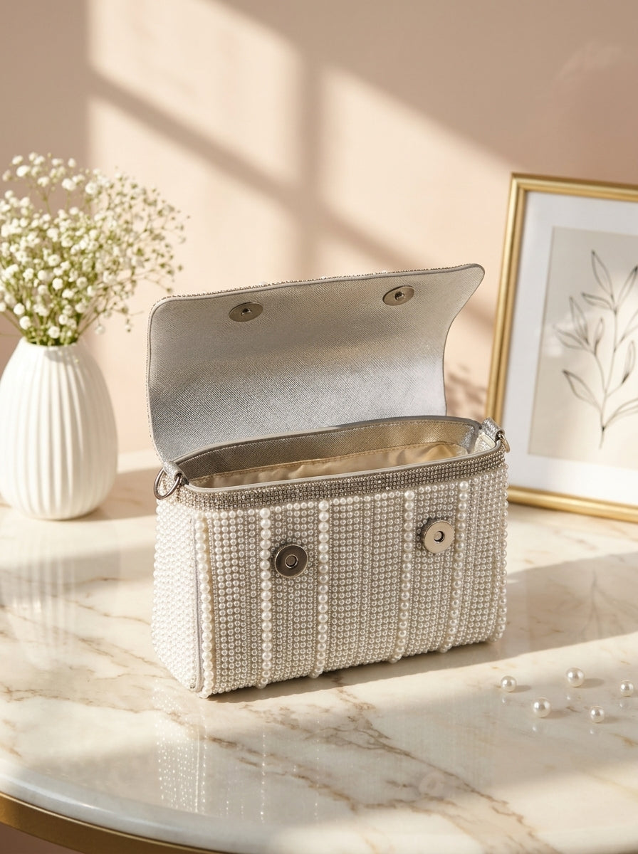Rhinestone pearl clutch set with chain strap, striped two-bag stack and top flap