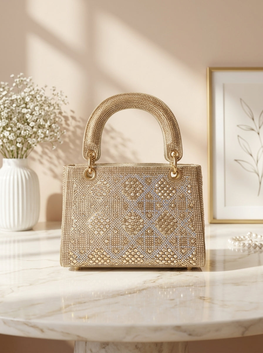 Geometric crystal embellished evening clutch with top handles, champagne gold-toned