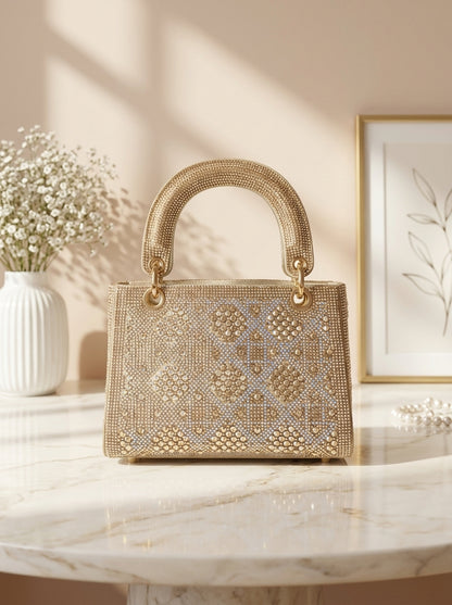 Geometric crystal embellished evening clutch with top handles, champagne gold-toned