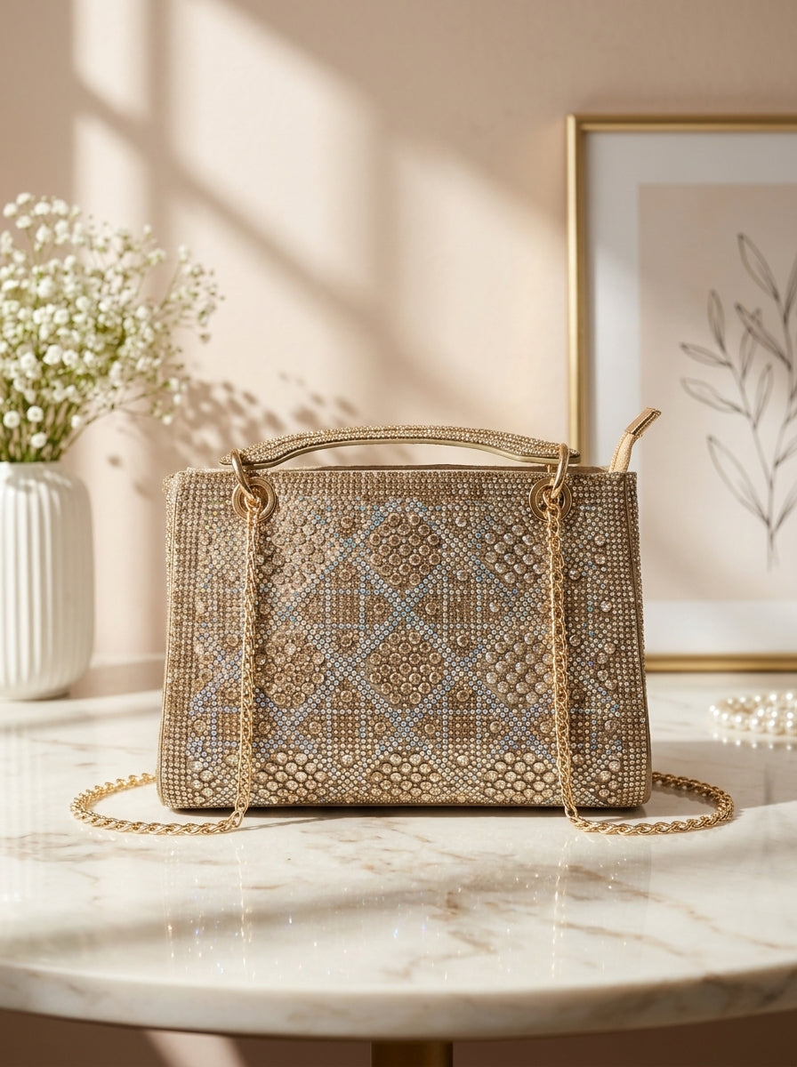 Geometric crystal embellished evening clutch with crossbody chain strap, gold-toned