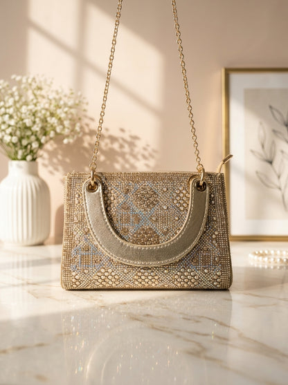 Geometric crystal embellished evening clutch with chain shoulder strap, gold-toned