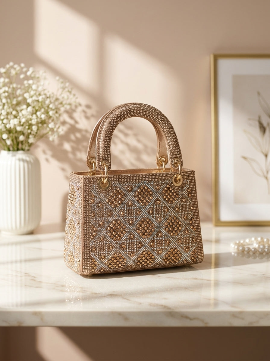 Geometric crystal embellished evening clutch with structured top handle, champagne gold