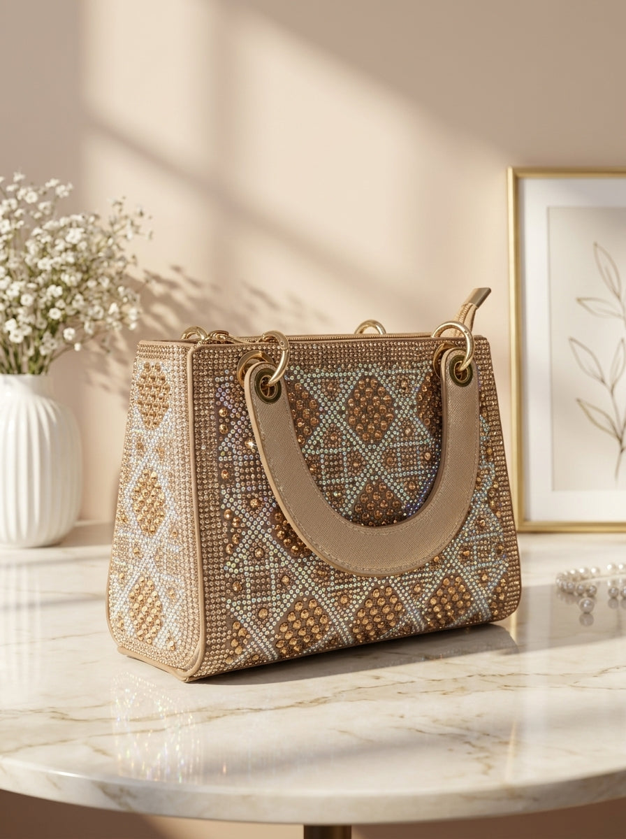 Geometric crystal embellished evening clutch with curved leather handle, gold-toned
