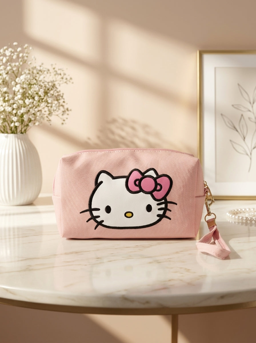 Hello Kitty canvas cosmetic pouch in blush pink, bow-face graphic and zipper closure