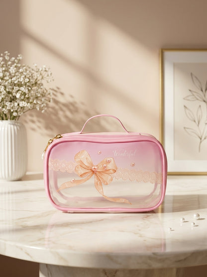 Pink transparent cosmetic pouch with ribbon bow print and zip closure