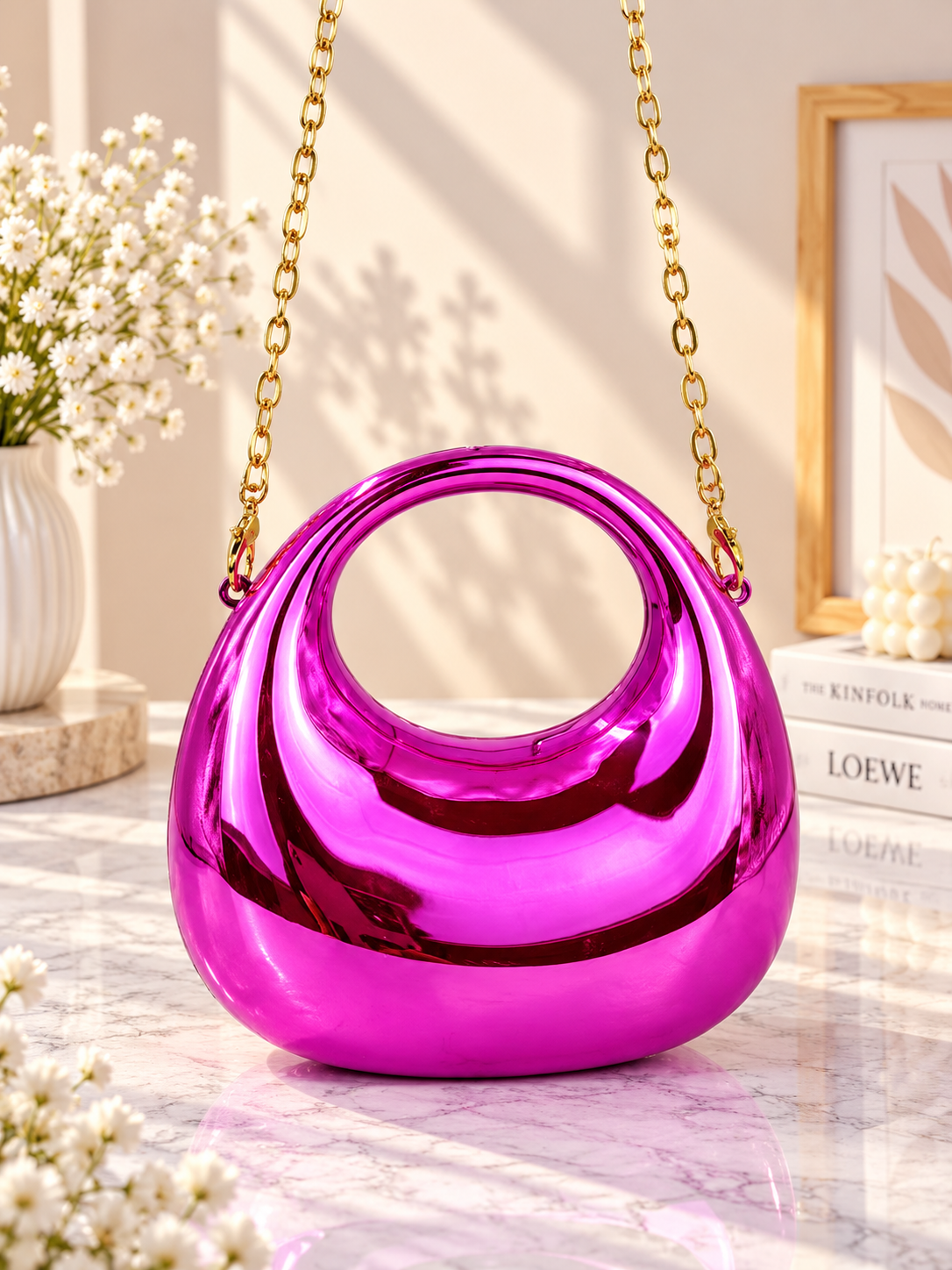 Metallic glossy crescent evening handbag in purple with gold chain handle