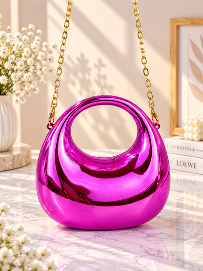 Metallic glossy crescent evening handbag in purple with gold chain handle