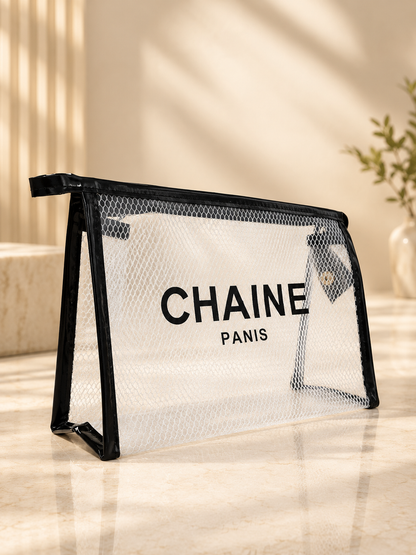 Black zip-top mesh cosmetic pouch with CHAINE Paris lettering, transparent front