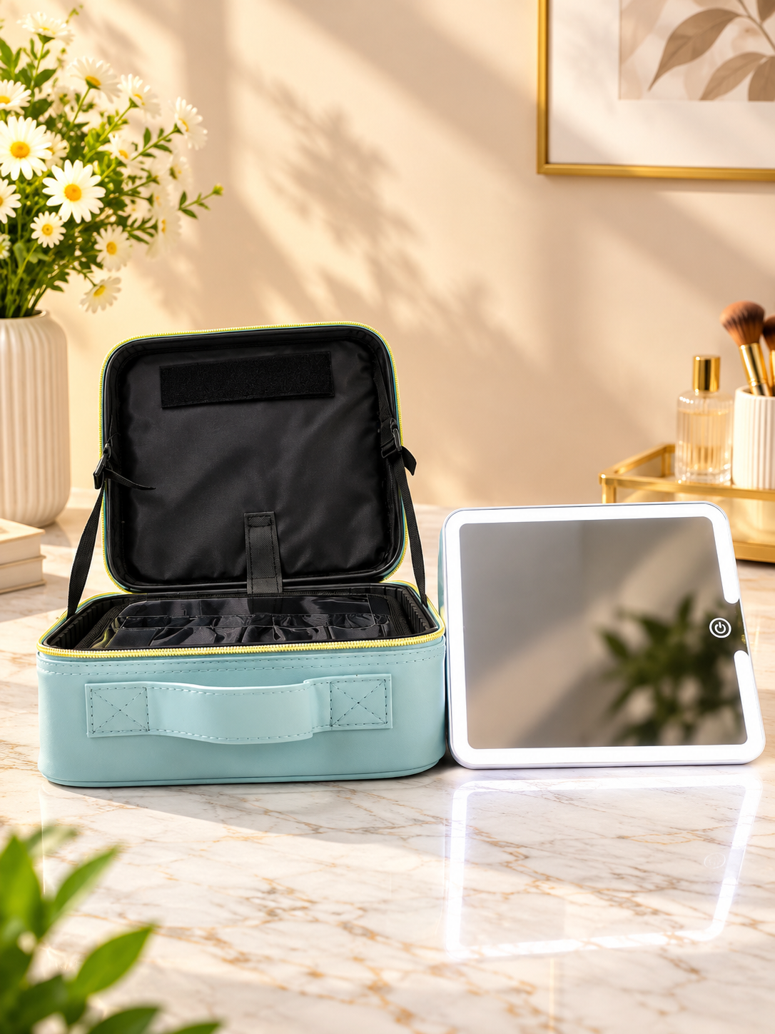 Aqua makeup organizer case with lid open, clear panel, and black divider trays