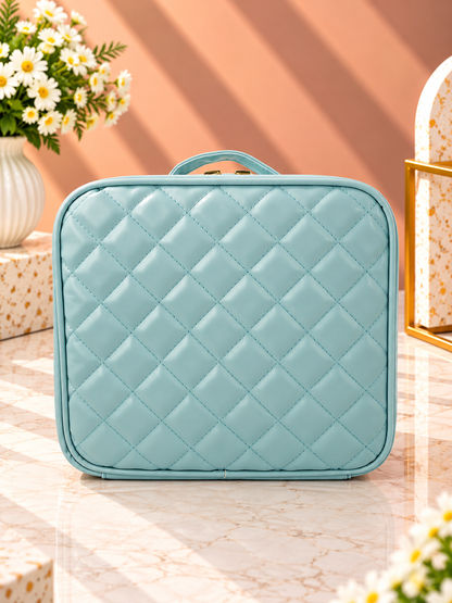Aqua quilted makeup organizer case with carry handle, zip closure, and structured shape