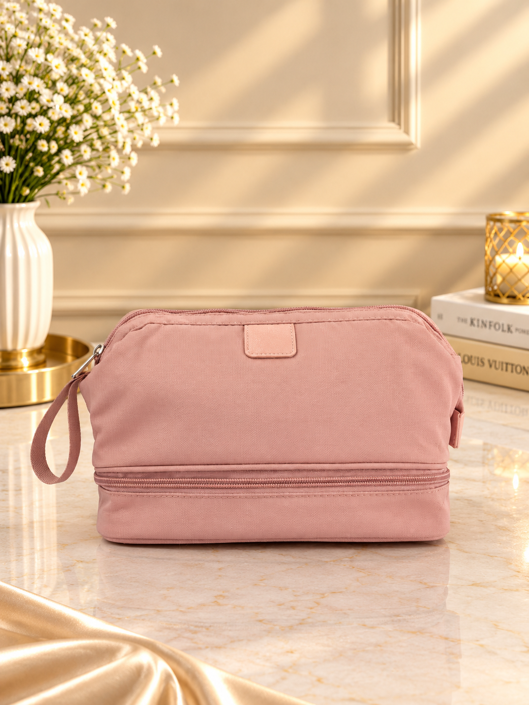 Double-decker dopp kit bag set, pink zippered double-compartment toiletry case