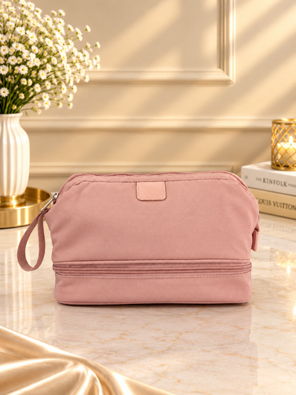 Double-decker dopp kit bag set, pink zippered double-compartment toiletry case