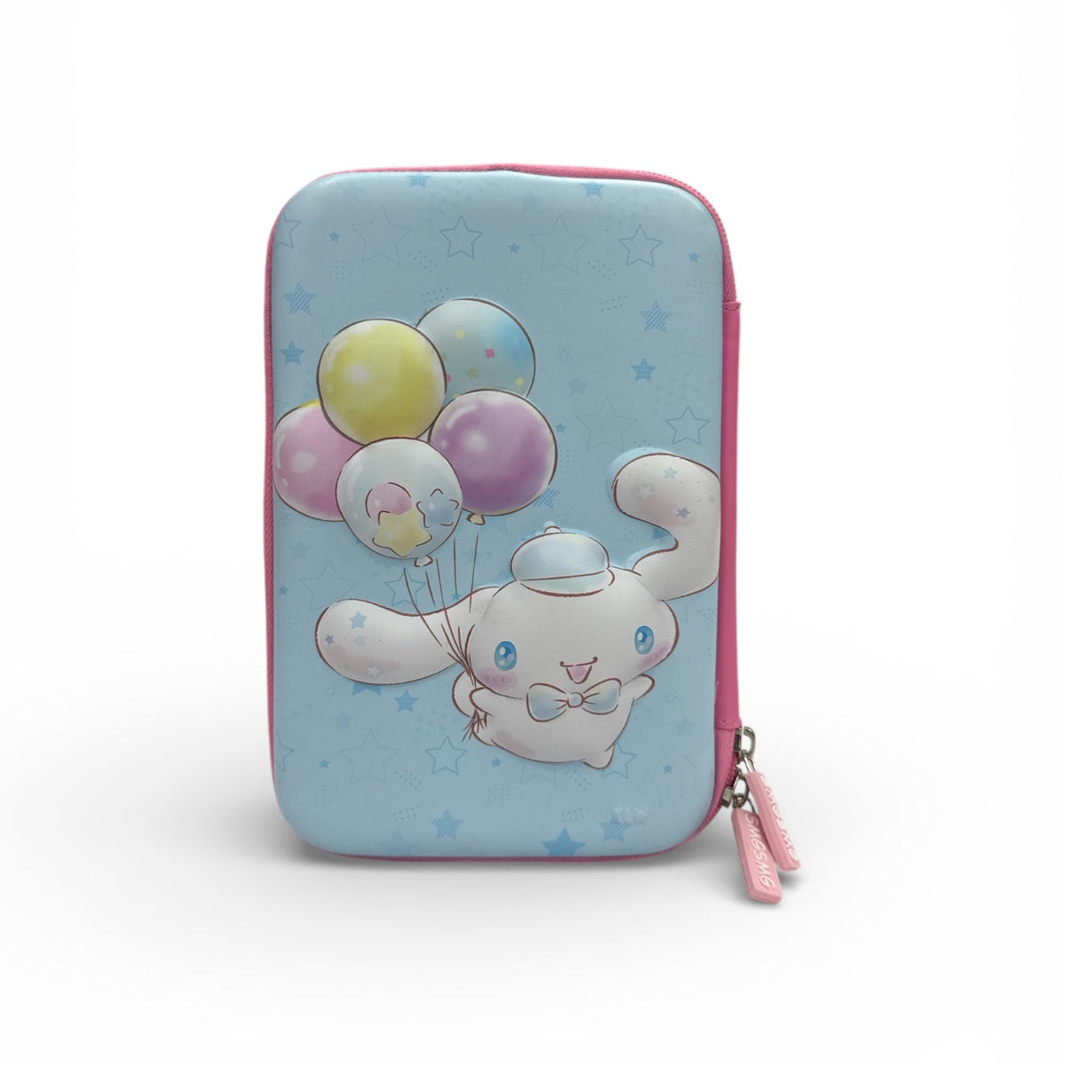 Blue zippered organizer pouch with Cinnamoroll balloon print and small charm