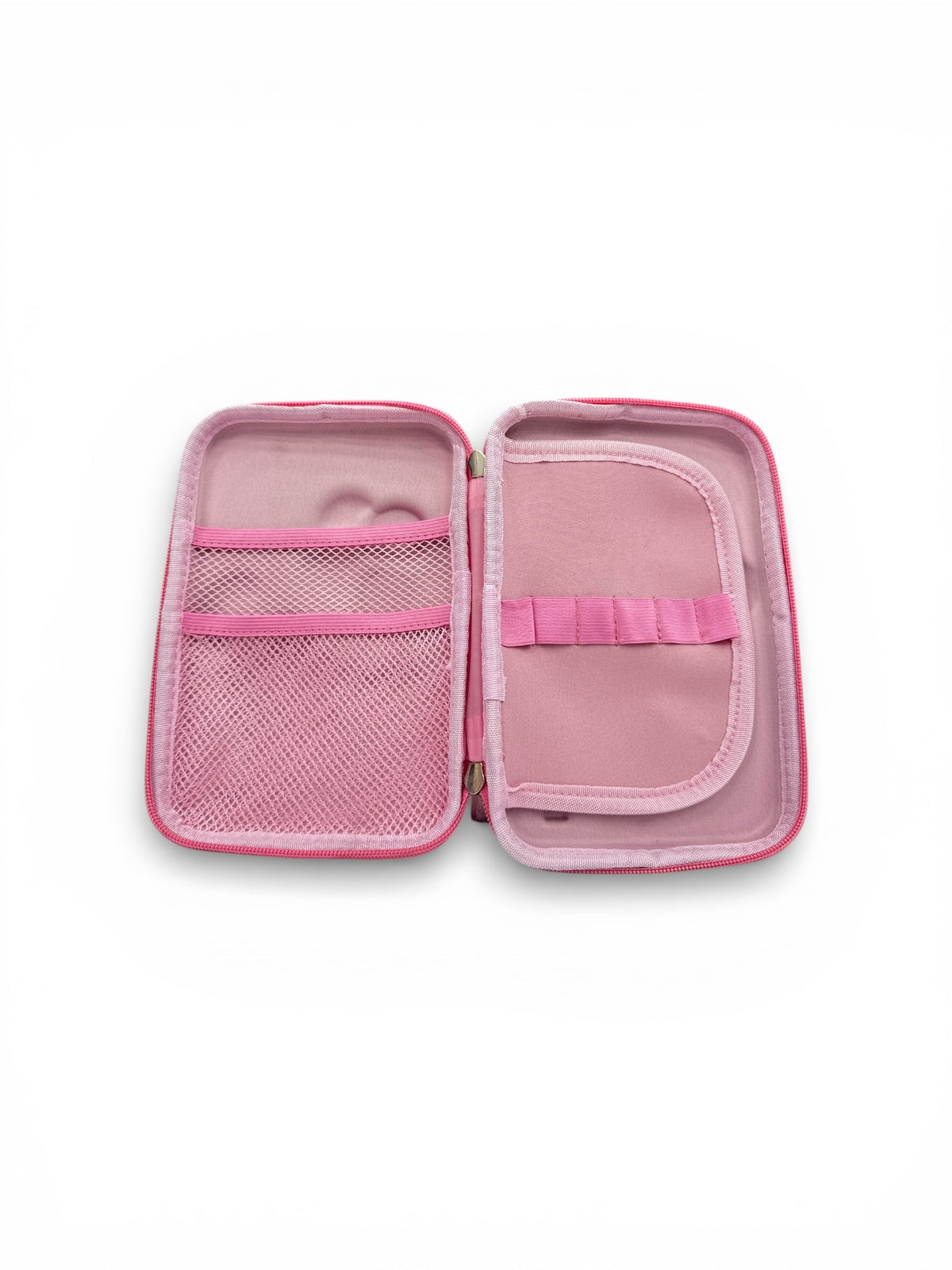 Open pink organizer pouch with two compartments, mesh pocket, and foldover divider