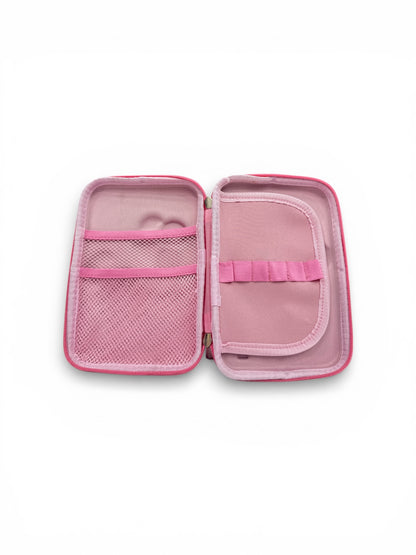 Open pink organizer pouch with two compartments, mesh pocket, and foldover divider