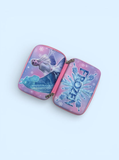Purple stationery pouch with zipper, open view showing Elsa and Nokk artwork