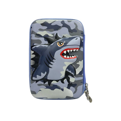 Camo stationery pouch with cartoon shark face, zipper pull at side