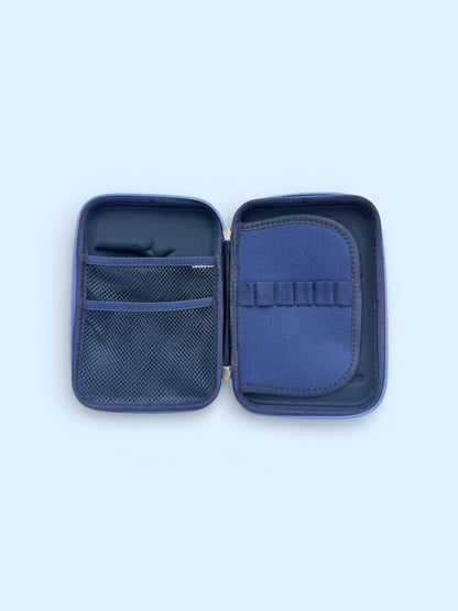 Opened blue stationery pouch with mesh pocket and elastic pen slots