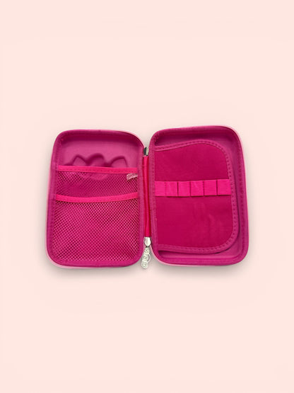 Fuchsia zippered stationery organizer pouch, open with mesh pocket and inner divider