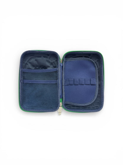 Blue open organizer case with mesh pocket and elastic loops, zip closure