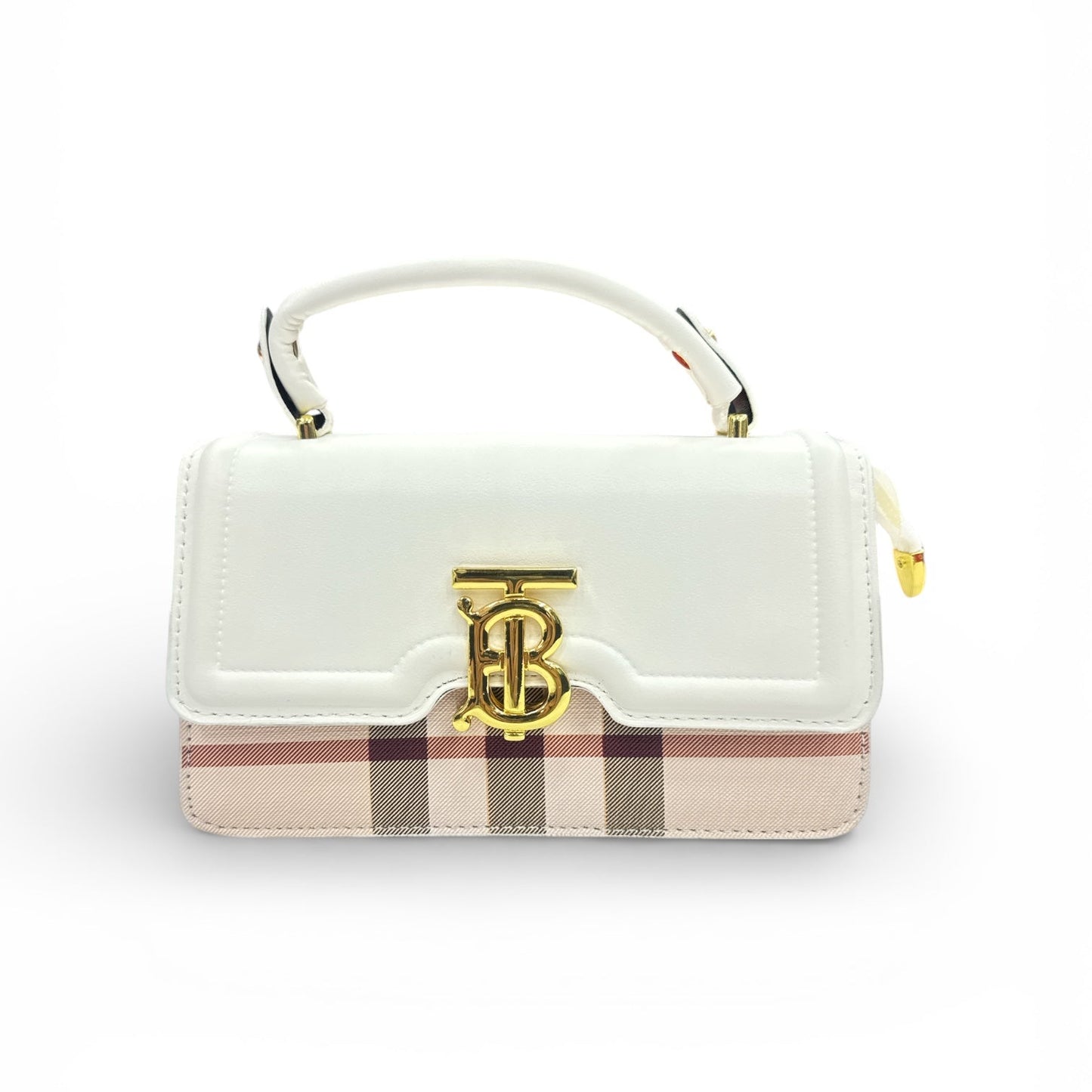 Elegant Check Pattern White Leather Handbag