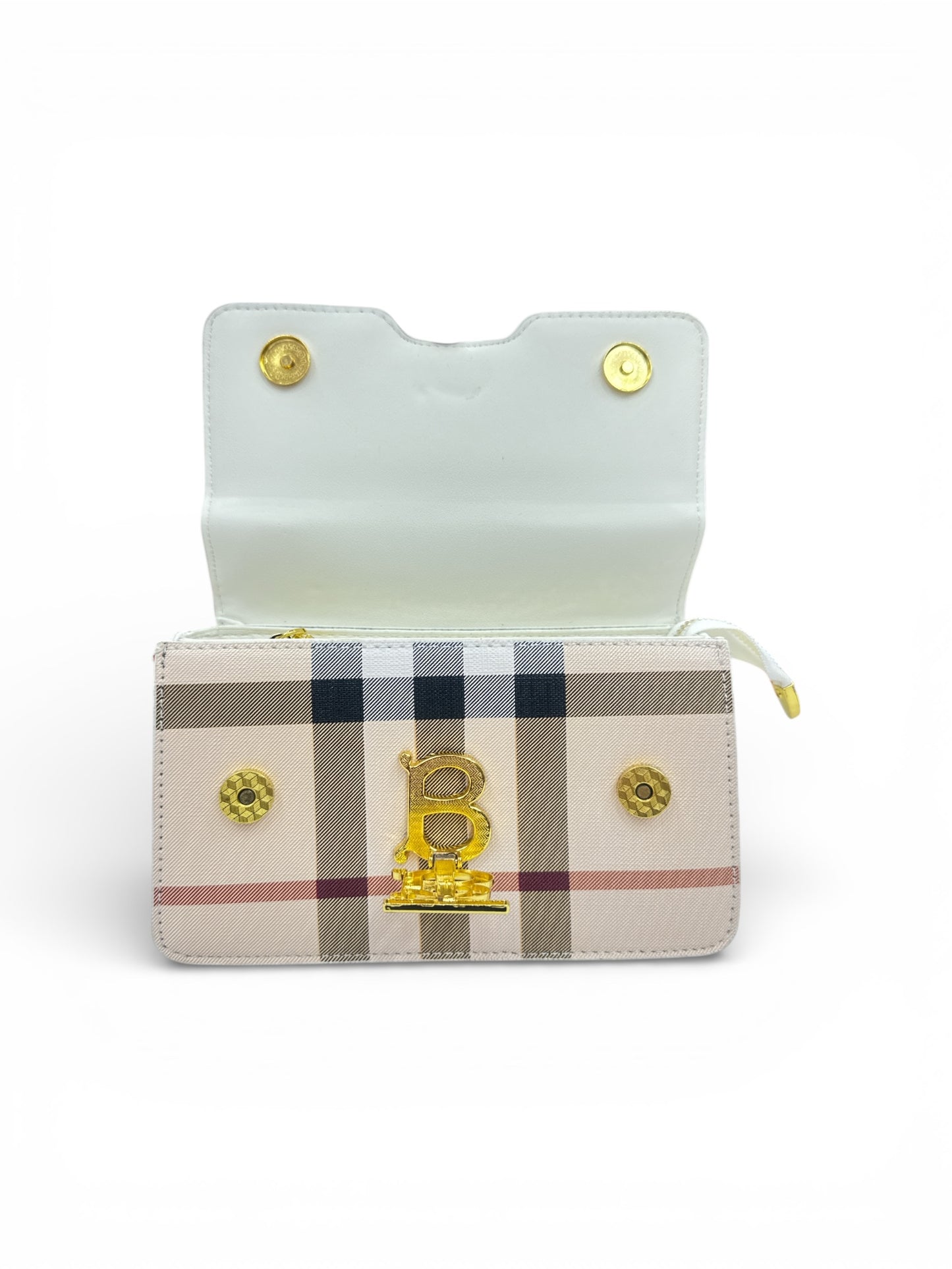 Elegant Check Pattern White Leather Handbag