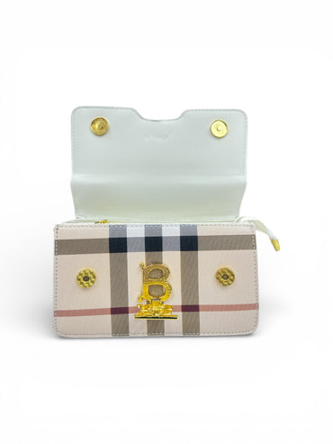 Elegant Check Pattern White Leather Handbag