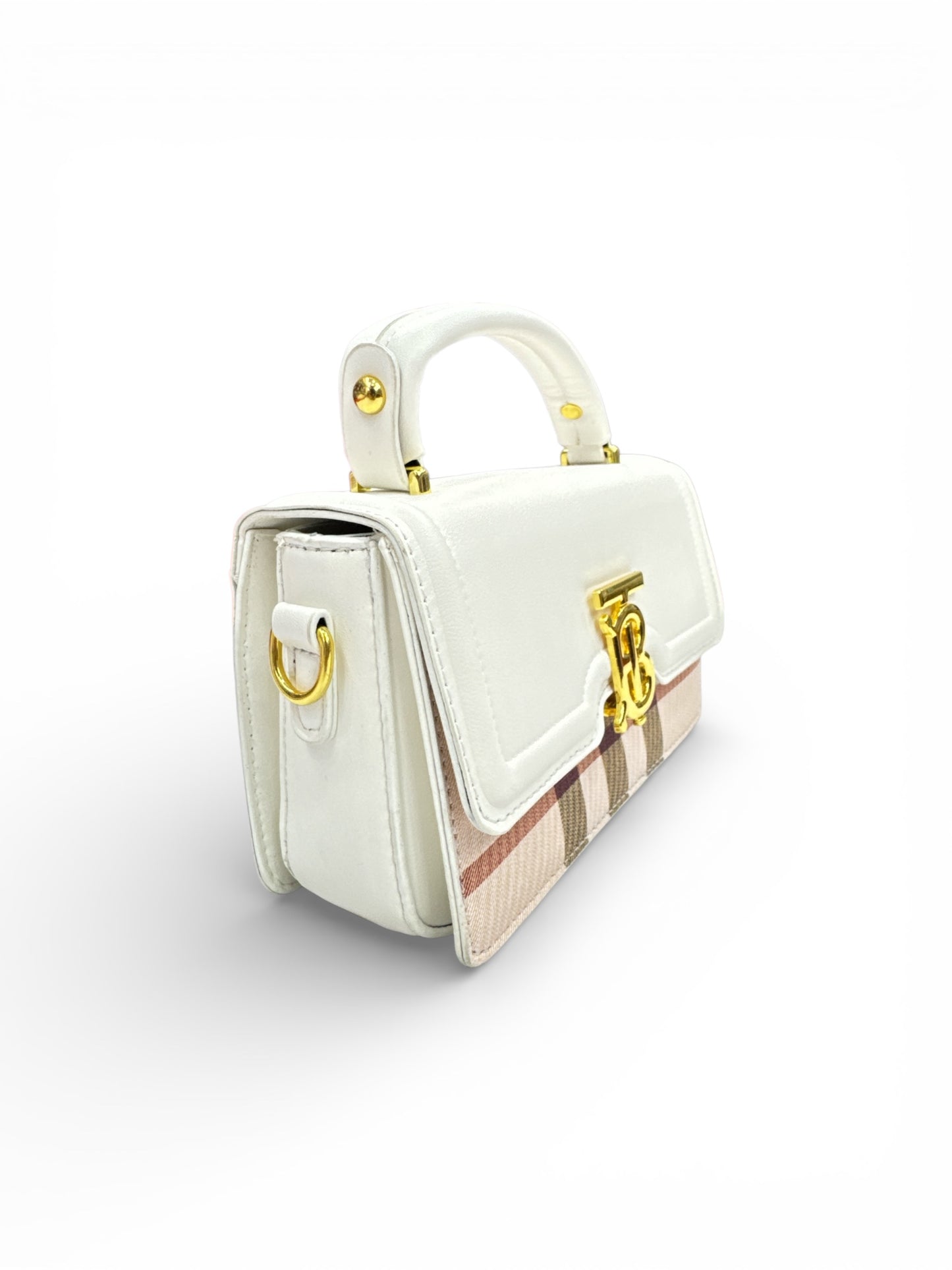 Elegant Check Pattern White Leather Handbag