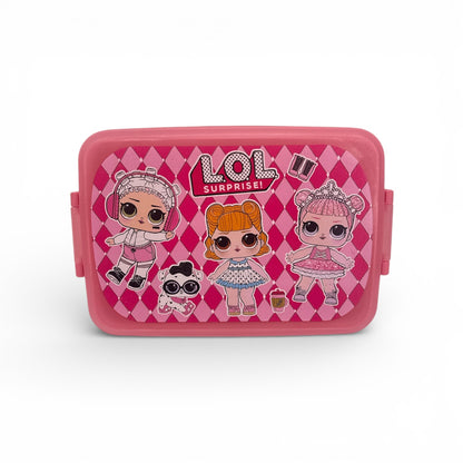 Pink rectangular lunchbox with LOL Surprise character graphic on the front