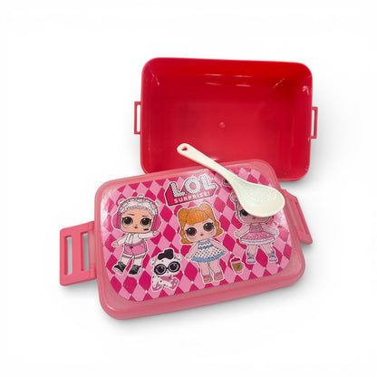 Pink lunchbox open with character print tray and white spoon accessory