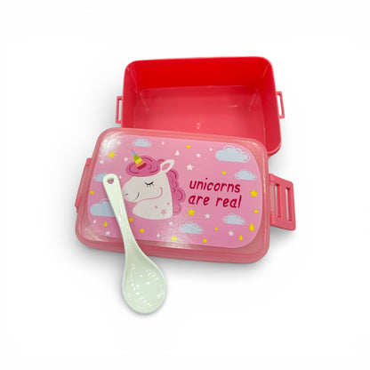 Pink plastic lunchbox with unicorn graphic, open lid and matching spoon