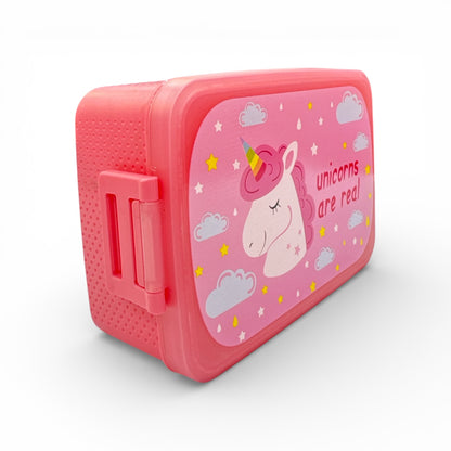 Pink plastic lunchbox with unicorn and "unicorns are real" design, side view