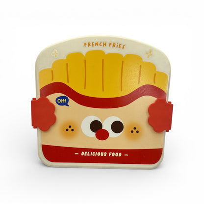 Kids cartoon lunch box with French fries graphic and red side latch closures.