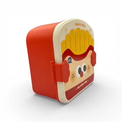 Kids lunch box side view with red carry handle and French fries character artwork.