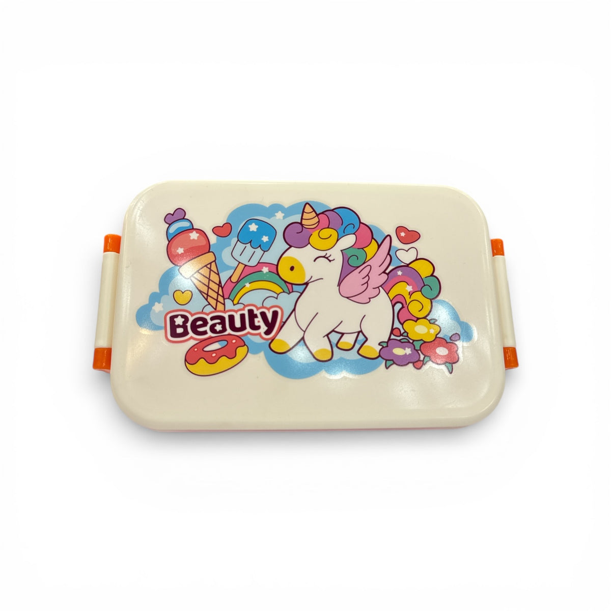 Beige unicorn lunchbox with colorful cartoon 'Beauty' graphic and orange latches