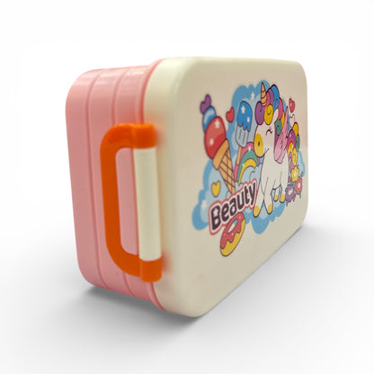 Cream and pink unicorn lunchbox side view with orange handle and 'Beauty' graphic