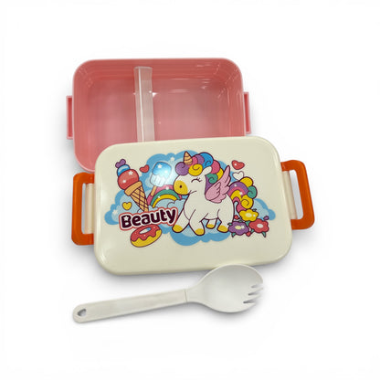Unicorn lunchbox with pink lid open; fork and spoon beside front panel