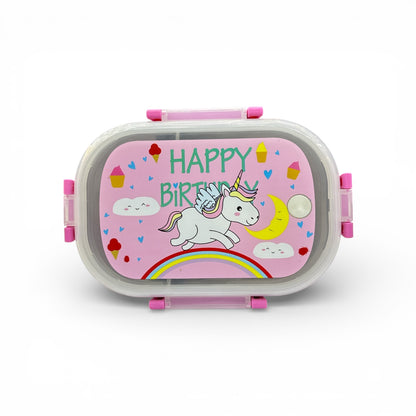 Pink unicorn Happy Birthday lunchbox with hinged lid and front latch, front view