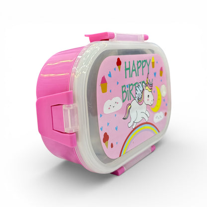 Pink and clear unicorn Happy Birthday lunchbox with snap latch, side view